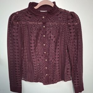 Anthropologie burgundy blouse sheer geometric cut outs nwot size 4 cotton blend